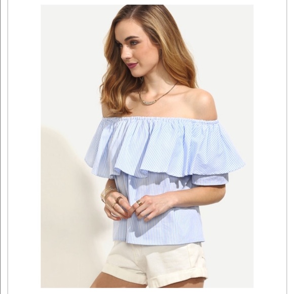 SHEIN Tops - SHEIN Women’s Off-The Shoulder Ruffle Strapless Blouse Blue White Large